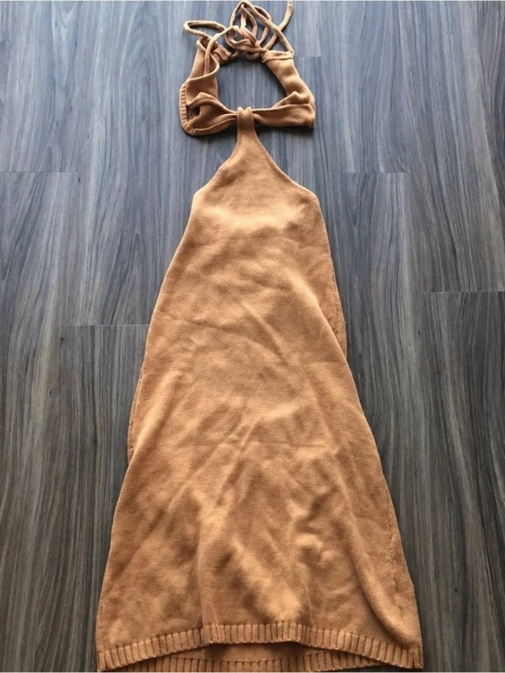 Petal & Pup Tan Cut-Out Knit Midi Dress | Open Back Tie Vacation Bodycon Size 2 - Picture 5 of 6